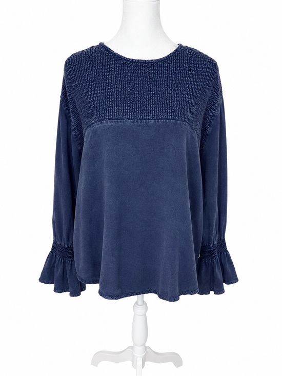Ashley Stewart Tops - Ashley Stewart Navy Smocked Yoke Ruffle Cuff Blouse